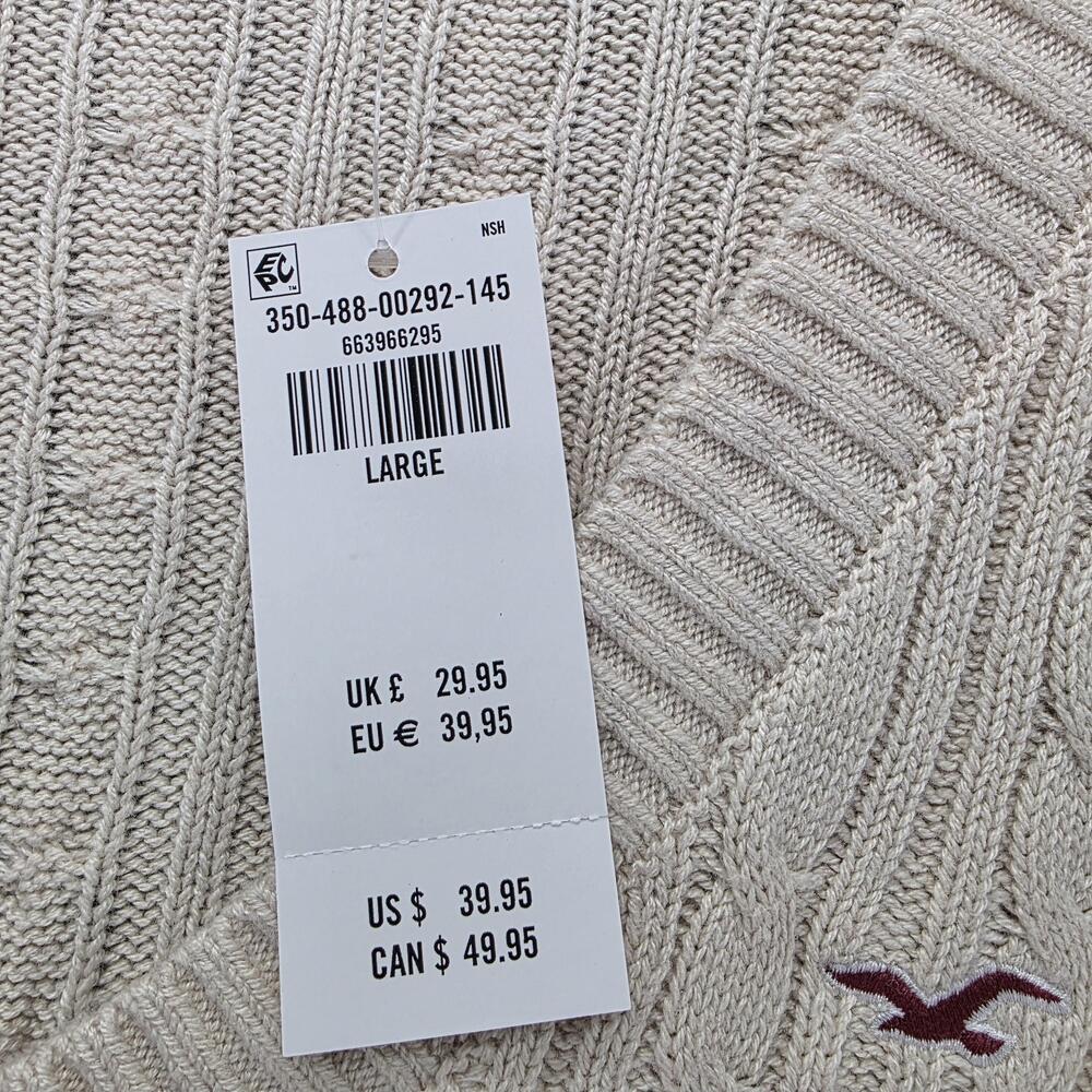 Hollister Sweater Pullover Womens L Beige Cable-Knit V-Neck Logo Slim Fit - Picture 2 of 7